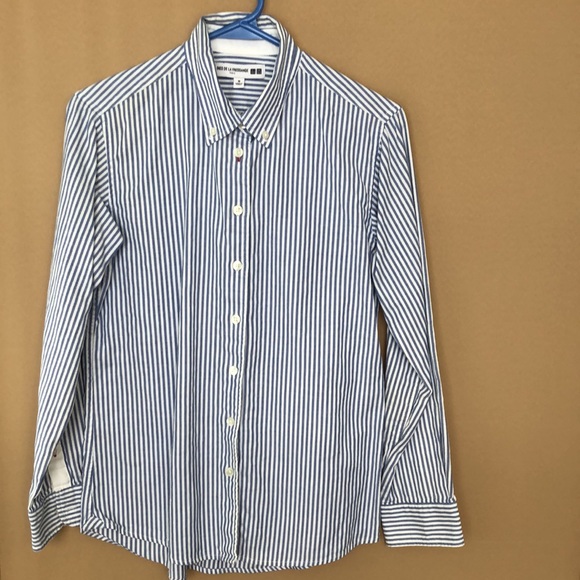 2/$25 UNIQLO  Premium Cotton Long Sleeve Blue Striped Shirt - Picture 4 of 7